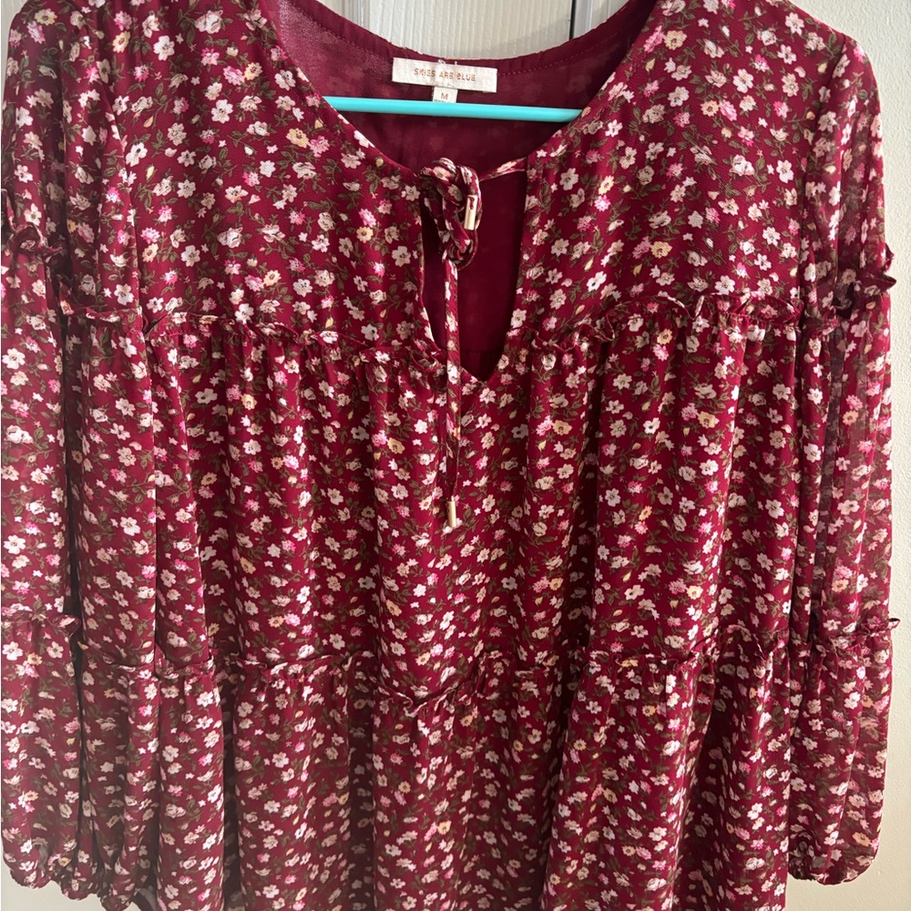 Skies Are Blue Burgundy Floral Peasant Blouse
